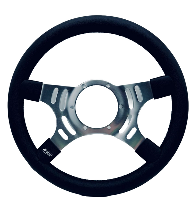 Mountney Traditional 14" 4 Spoke Semi-Dished Black Leather Steering Wheel With Polished Centre Mountney Classic - Mountney Classic