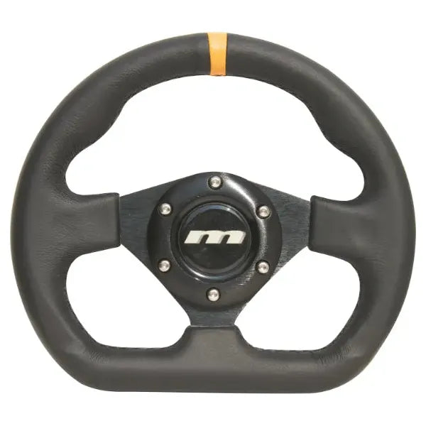 Mountney 'M' Range 250mm 3 Spoke Flat-Dished Black Leather Motorsport Steering Wheel With Black Centre - Flat Bottomed Mountney Classic - Mountney Classic