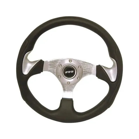 Mountney 'M' Range 320mm 3 Spoke Semi-Dished Black Moulded Sports Steering Wheel With Silver Centre & Silver Thumb Spats Mountney Classic - Mountney Classic