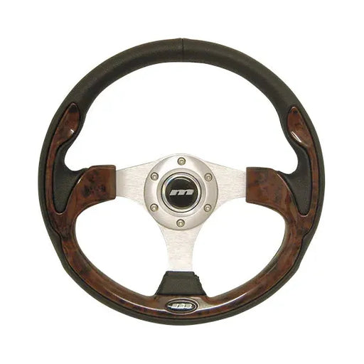 Mountney 'M' Range 320mm 3 Spoke Semi-Dished Black Moulded Sports Steering Wheel With Silver Centre & Wood Style Inset Mountney Classic - Mountney Classic