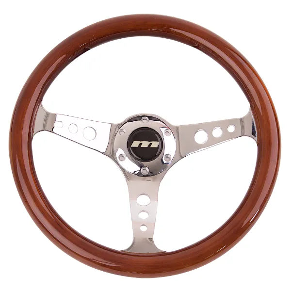 Mountney 'M' Range 350mm 3 Spoke Semi-Dished Woodrim Steering Wheel With Chrome Centre & Integrated Spats Mountney Classic - Mountney Classic