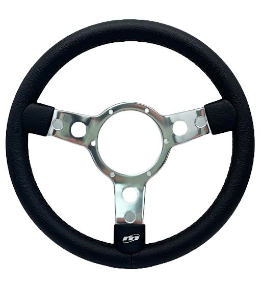 Mountney Traditional 15" 3 Spoke Semi-Dished Black Vinyl Steering Wheel With Polished Centre Mountney Classic - Mountney Classic